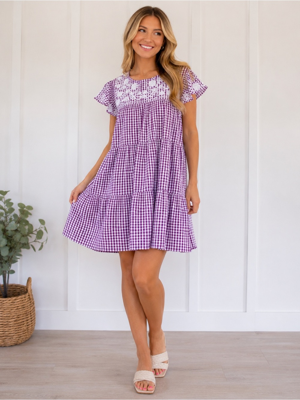 Purple Gingham Tiered Mini Dress with Embroidered Yoke